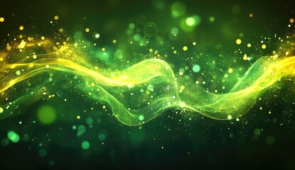 Abstract glowing green and yellow energy wave design with bokeh
