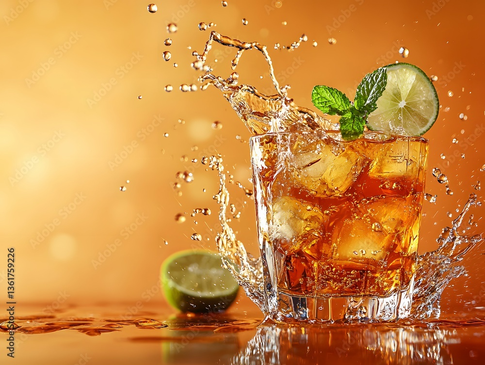 Poster dynamic moment of a refreshing drink splashing into a glass creating a beautiful scene in a luxury s