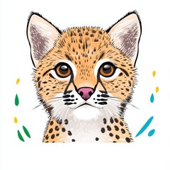 Adorable Tan and Brown Spotted Kitten Illustration with Colorful Abstract Shapes