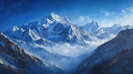 Majestic snow-capped peaks piercing a crisp blue sky, a high-altitude panorama