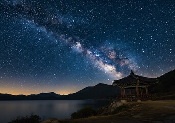 Fototapeta premium Night sky Milky Way over tranquil lake and pavilion. AI Generated