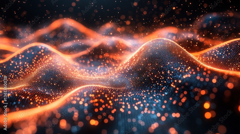 Poster abstract glowing particle waves with dynamic lights creating a futuristic and technological landscap