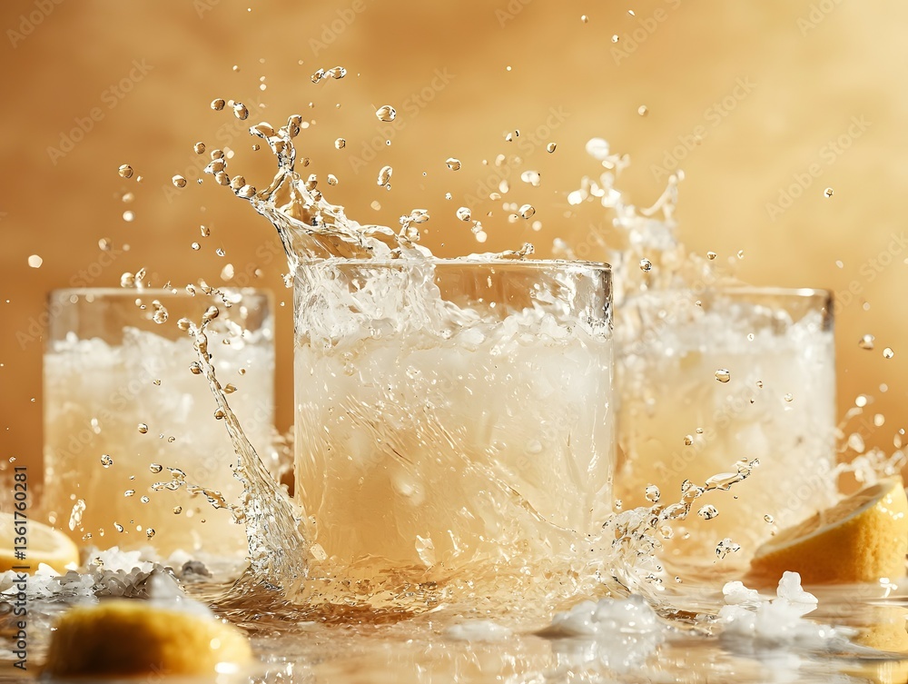 Poster glass of water with fresh lemons sliced and floating on top captured with a soft background for text