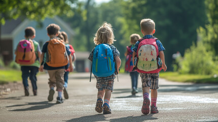 Obraz premium Group of young children wearing colorful backpacks walking down a tree lined path on their way to school during a sunny morning, Concept of childhood education, back to school and weekday routine.