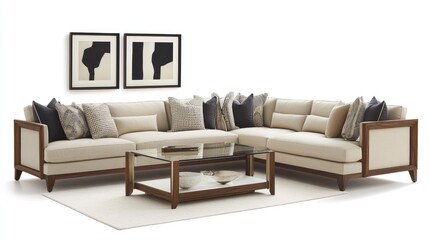 Modern Sectional Sofa with Wooden Frame and Neutral Upholstery