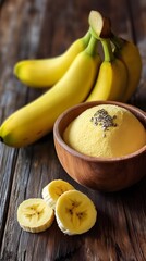 Wooden Bowl of Banana Flour with Fresh Bananas