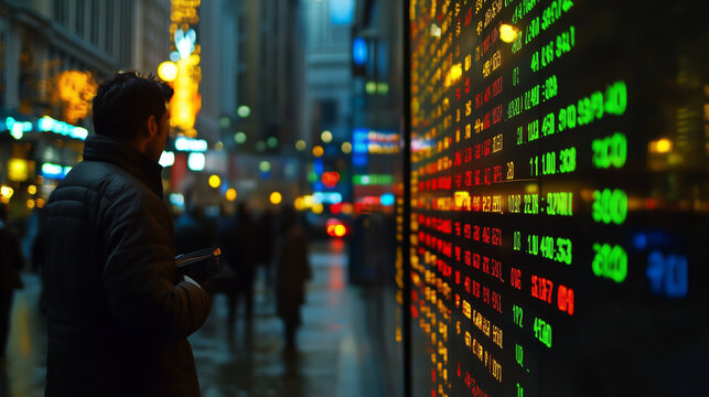 Man in winter coat standing in city street watching digital stock ticker displaying red and green financial data, Concept of investment decisions, stock exchange and market awareness.