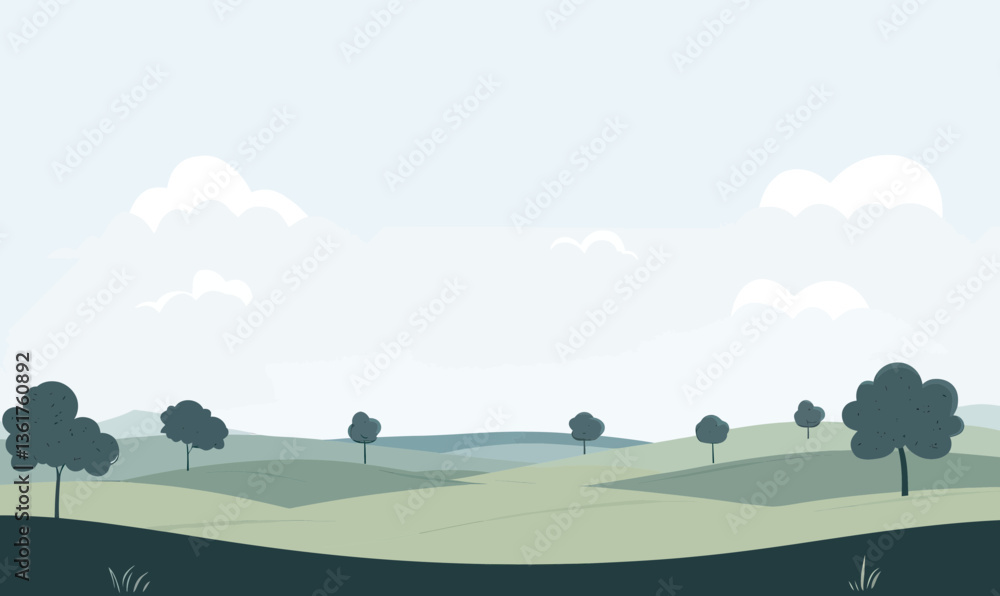 Poster whimsical minimalist svg vector of serene green field and trees with fluffy clouds