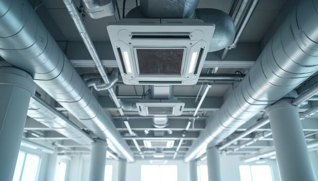 Modern building interior featuring air conditioning units mounted on ceiling. Exposed ventilation pipes, ductwork in commercial office space. Contemporary industrial design with clean lines, advanced
