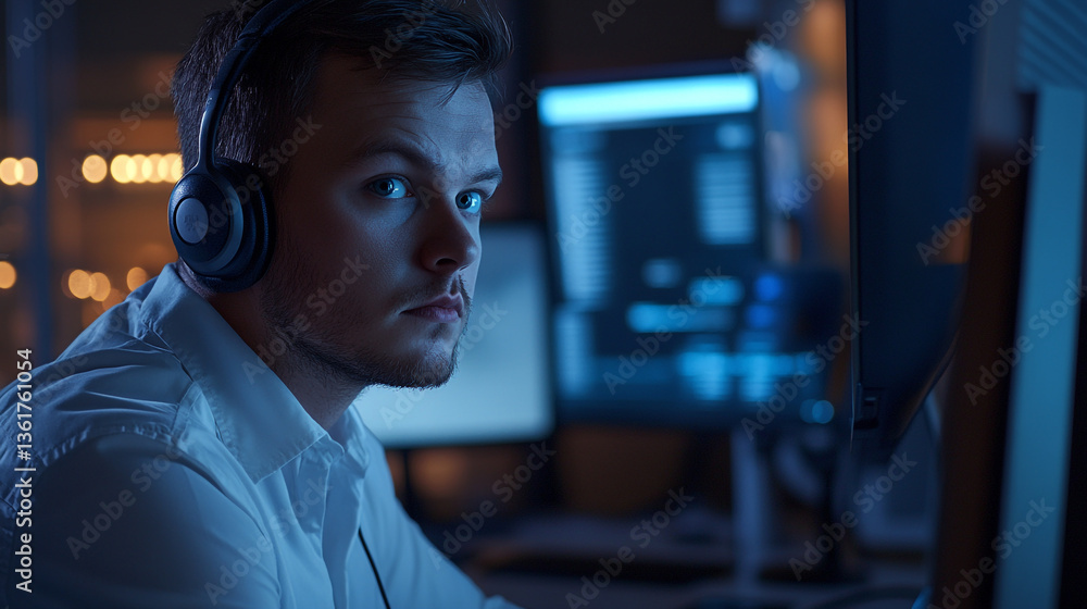 Poster man with headphones looking at computer screens in a dimly lit room with a focused expression on his