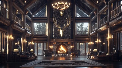 Fototapeta premium Cozy log cabin interior with a roaring fireplace, antler decor, and forest view