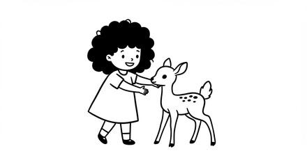 Happy girl gentle fawn black white line art. AI Generated