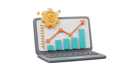 Isolated Laptop with Growing Chart and Gear Coin