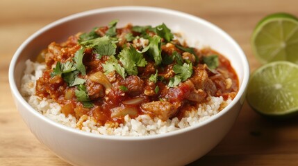 Menudo Stew with Tripe, Cilantro, Onion, and Lime in White Bowl. Traditional Mexican Food