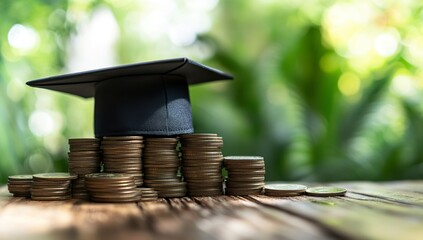  Coins and Graduation Cap Symbolizing Education, Warcraft-Inspired Energy Salute Over Money on Wooden Table, Blurred Green Background, Stock Illustration for Cost-Conscious College 