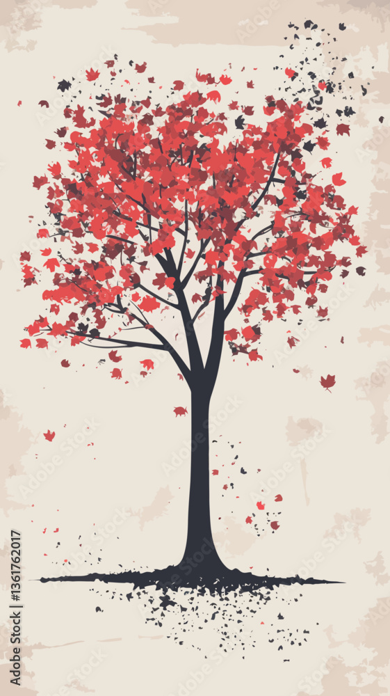 Poster autumn tree with red leaves on grunge background in minimalist vector style