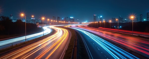 Night highway traffic with motion blur. Car light trails on urban road, fast speed, dynamic movement. City lights, travel, transport, speed, technology, long exposure.