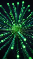 A vibrant green energy burst radiating outwards, a dazzling display of luminous particles illuminating the darkness with a striking, detailed texture.