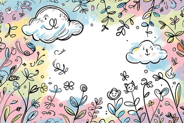 A whimsical garden of happy clouds and playful creatures frolicking amidst pastel blooms and soft watercolor washes.