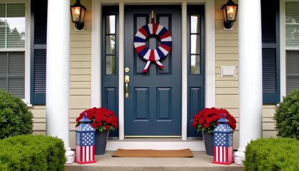 Festive patriotic front door with flowers and lanterns