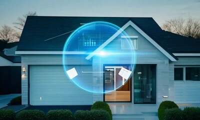 Smart home UI control center alarm system security suburban house apartment exterior cottage technology modern futuristic user interface interaction app device remote rich safety screen - Powered by Adobe
