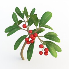Mistletoe Illustration. Cartoon 3D Render of Christmas Berries and Green Leaves