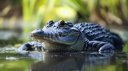 Obraz premium The Large Alligator Resting Calmly In Shallows Of Water