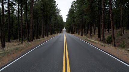 Fototapeta premium Asphalt highway curves through a green forest landscape under a summer sky, inviting travel on an empty rural way lined with trees