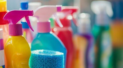 Colorful cleaning supplies assortment with spray bottles and sponges