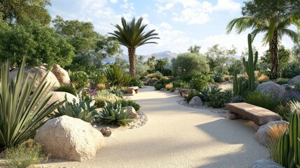 Serene Desert Oasis: A Pathway Through Lush Xeriscape