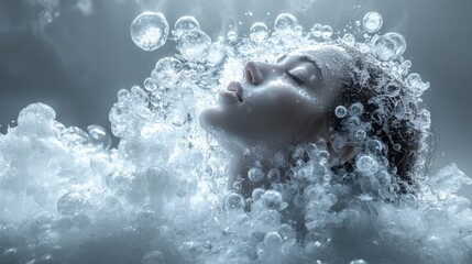 Fototapeta premium Relaxing scene of a woman enjoying a calm bath surrounded by water and soft light