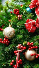 Vibrant green pine needles, sparkling ornaments, festive ribbons, and frosted berries create a lush holiday backdrop, abstract, green