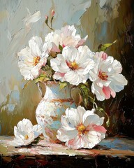 A beautiful arrangement of white peonies in a vintage vase, capturing the essence of elegance and natural beauty.