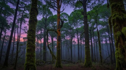 Fototapeta premium A serene forest scene at dusk, showcasing tall trees with moss and a misty atmosphere.