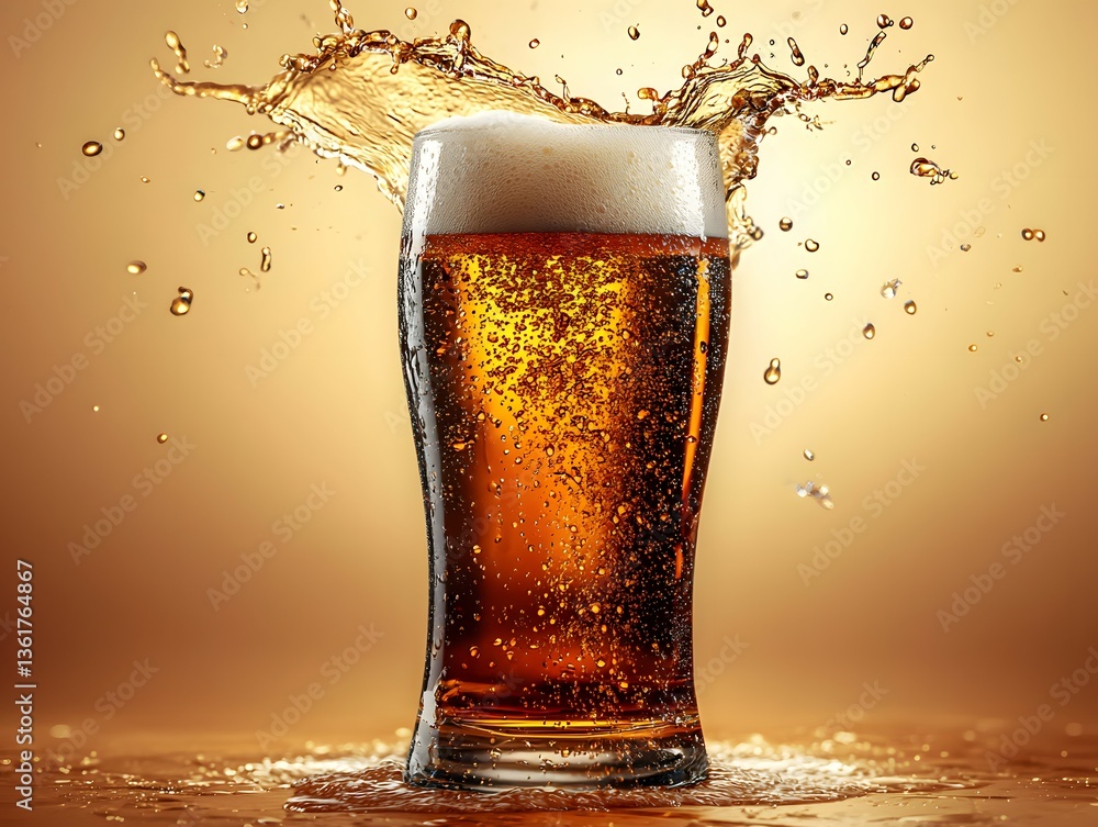 Poster a glass of beer surrounded by water splashing all around creating a refreshing moment with copy spac