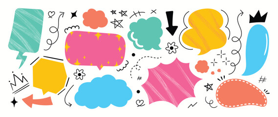 Set of doodle and speech bubble vector. Collection of contemporary figure, speech bubble, arrow, sparkle, crown. Chat design element perfect for banner, print, sticker, cartoon, comic.