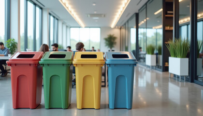 Colorful recycling bins in corporate space for waste sorting