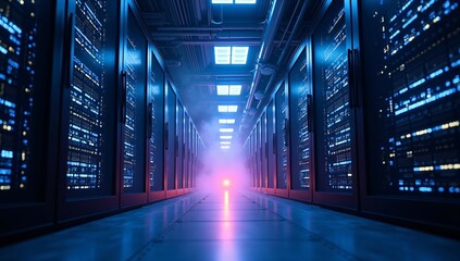 Futuristic blue technology corridor with binary code