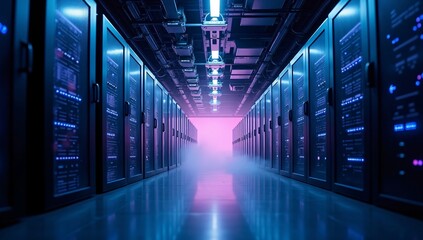 Futuristic blue technology corridor with binary code