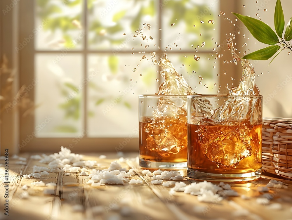 Poster inviting glass of whiskey with a splash of water showcasing its richness and depth with copy space f