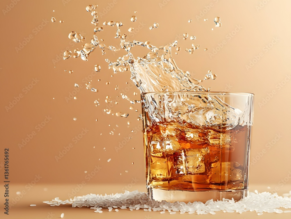 Poster elegant glass of whiskey with ice cubes on dark background with copy space for text and creative des