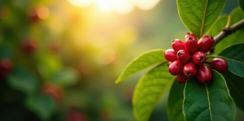 Obraz premium Sun-drenched coffee plants laden with ripening red berries , robusta, sun