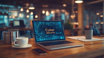 Cyber security concept on laptop in modern office with warm ambiance