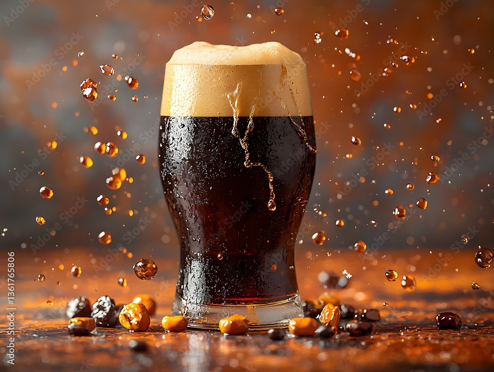 Poster refreshing glass of dark stout beer with liquid splashing captured in motion on dark background with