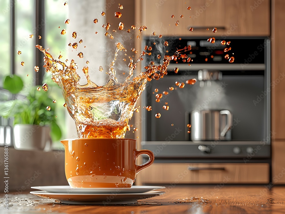 Poster inviting cup of tea with splashes of liquid captured mid-pour on light background with copy space fo