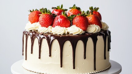 Delicious Strawberry Cake Decorated with Chocolate Drizzle