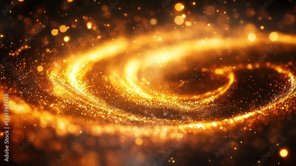 Poster a mesmerizing view of shimmering golden particles swirling in a galactic vortex creating a stunning 