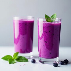 Two vibrant purple smoothie glasses, close-up , nutrition, vegetarian, vegan