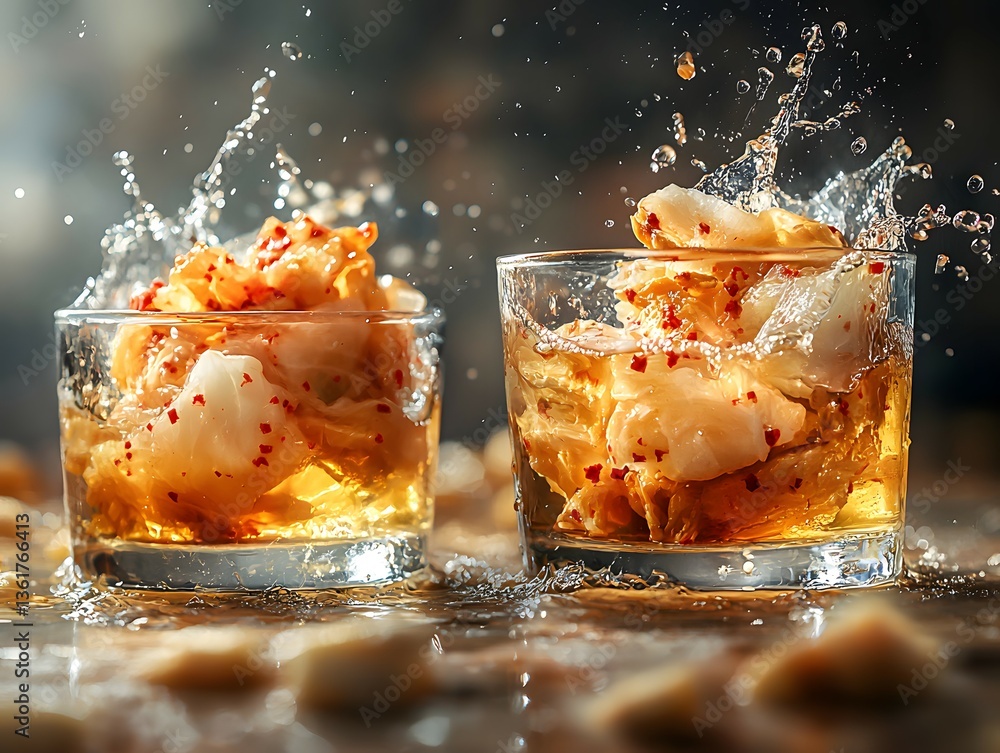 Poster two glasses of ice surrounded by water splashing creating a refreshing scene for a perfect pairing w