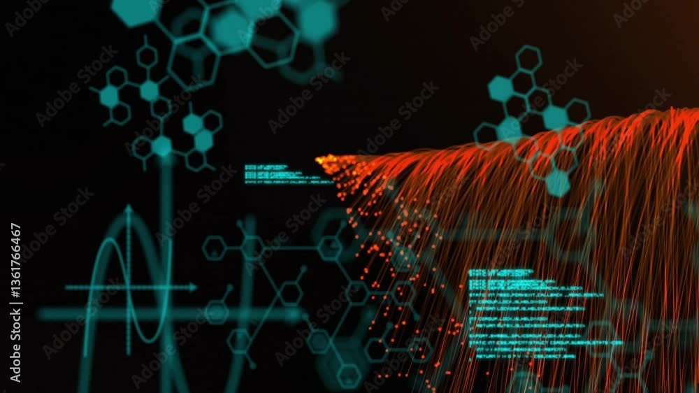 Poster animation of red data streams with hexagonal patterns in digital abstract background